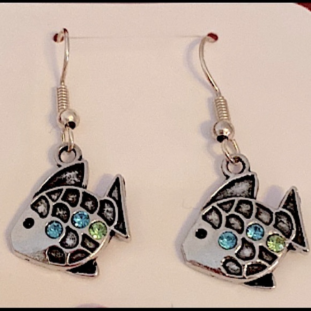 Silver Fish Dangle Earrings With Blue And Green Stones